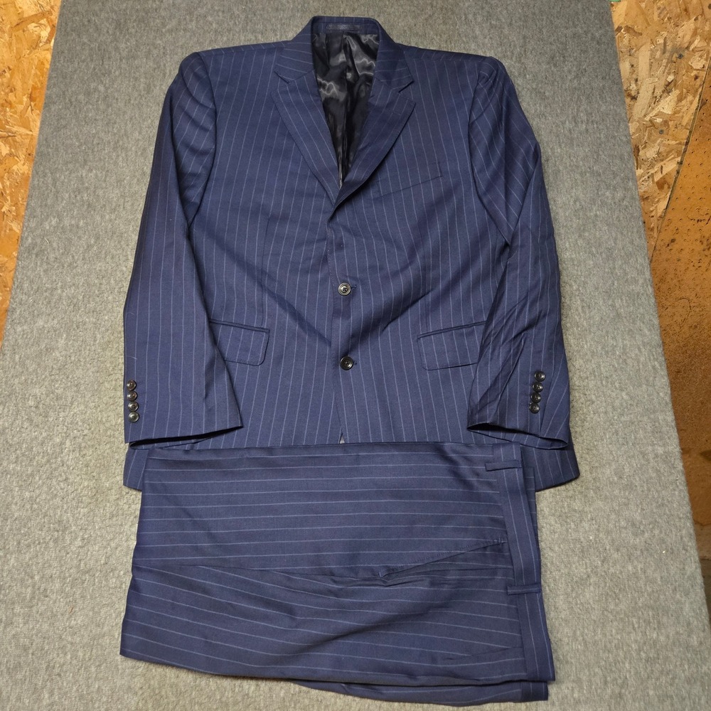 Charles Tyrwhitt 46R Merino Wool Slate Blue White Stripe 2pc Suit Jacket Pants